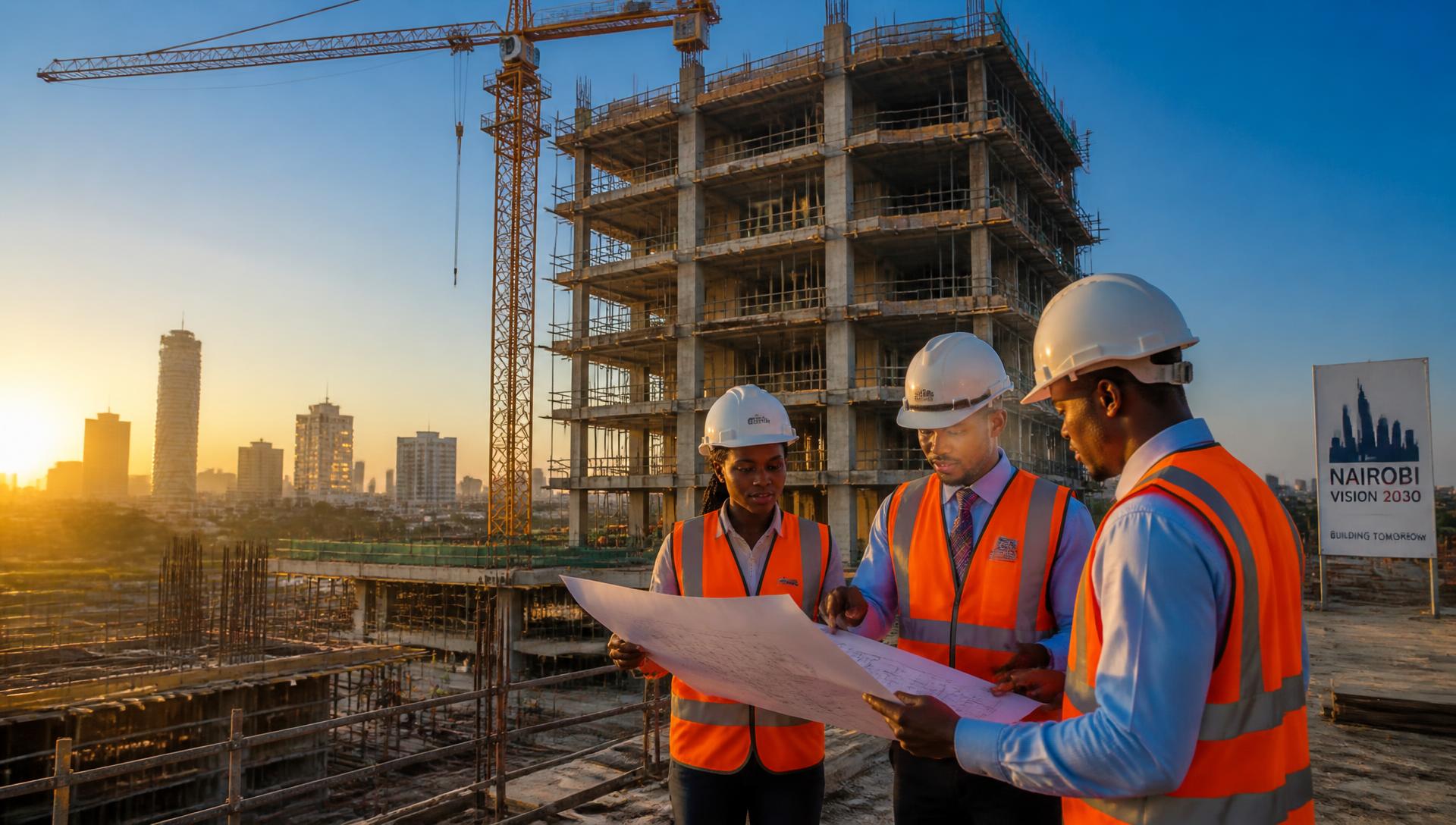 Musob Limited engineers reviewing plans at a high-rise construction site in Nairobi