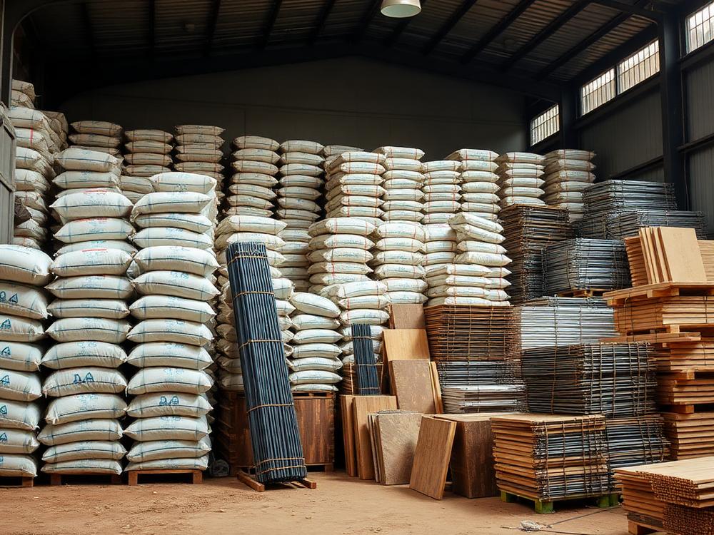 Warehouse stocked with cement, steel reinforcement and timber