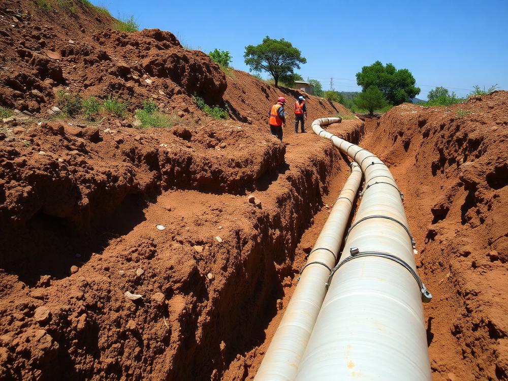 Water pipeline being installed in an excavated trench